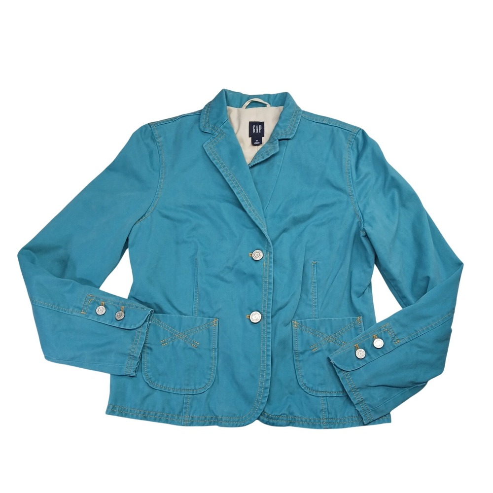 Gap Vintage 2006 Teal Blue Cotton Blazer Jacket Contrast Stitch Size 12 SP2 2006